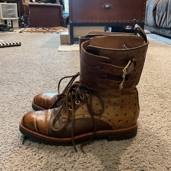 Max Mara Croc Ostrich Leather Cap Toe Lace Up Combat Dress Boots Y2K sz 8.5, NEW - Picture 5 of 7